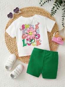 SHEIN Leap Crew Baby Slogan Graphic Tee & Shorts - Green - View 9