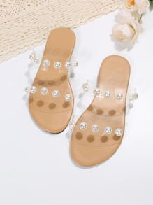 女士透明帶人造珍珠裝飾平底時尚夏天PVC涼拖 - 卡其色 - 查看 3