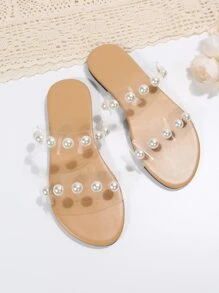 女士透明帶人造珍珠裝飾平底時尚夏天PVC涼拖 - 卡其色 - 查看 6