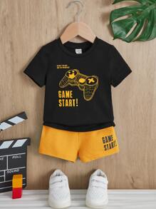 SHEIN Baby Boy Gamepad & Slogan Graphic Tee & Shorts - Yellow - View 1