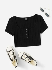 SHEIN EZwear Half Button Crop Tee - Black - View 1