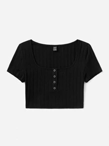 SHEIN EZwear Half Button Crop Tee - Black - View 3