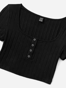 SHEIN EZwear Half Button Crop Tee - Black - View 4
