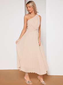 SHEIN Belle One Shoulder Twist Front Pleated Hem Bridesmaid Dress - Apricot - View 3