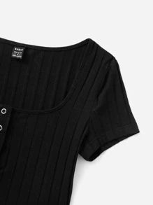 SHEIN EZwear Half Button Crop Tee - Black - View 5