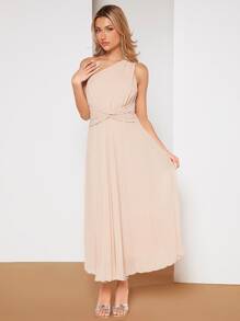 SHEIN Belle One Shoulder Twist Front Pleated Hem Bridesmaid Dress - Apricot - View 4