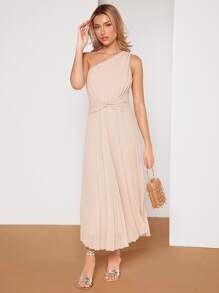 SHEIN Belle One Shoulder Twist Front Pleated Hem Bridesmaid Dress - Apricot - View 5