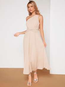 SHEIN Belle One Shoulder Twist Front Pleated Hem Bridesmaid Dress - Apricot - View 6