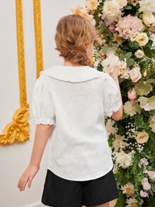 SHEIN 女孩彼得潘領泡泡袖前紐扣襯衫 - 白色 - 查看 2