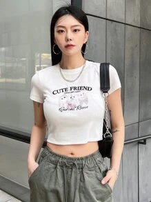 DAZY Cat & Slogan Graphic Crop Tee CUTE FRIEND LUCKY AND HAPPY Give And Receive