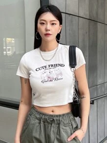 DAZY Cat & Slogan Graphic Crop Tee CUTE FRIEND LUCKY AND HAPPY Give And Receive