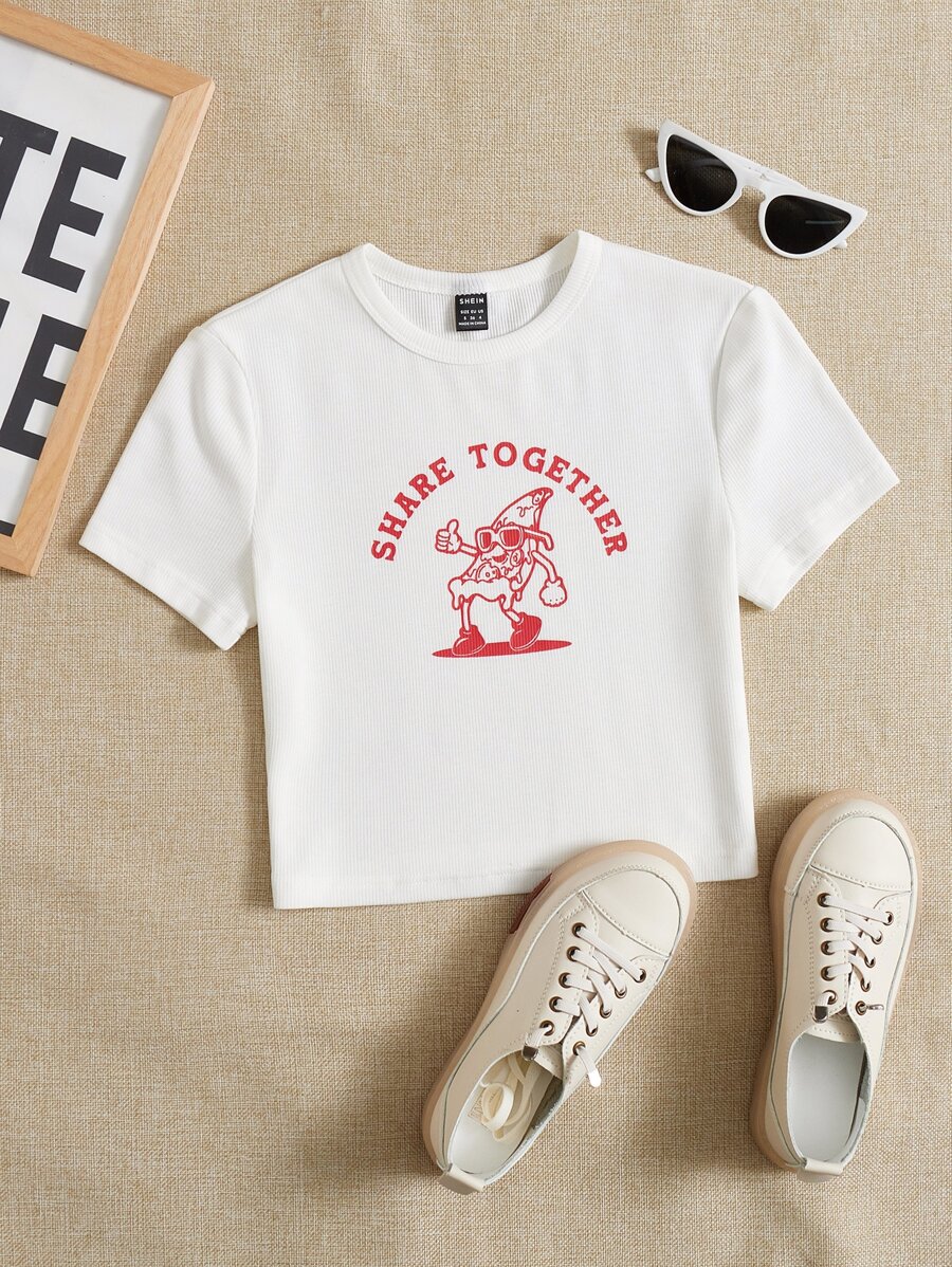 SHEIN EZwear Áo thun nữ Gân đan Hoạt hình Slogan Giải trí - trắng - Xem 1