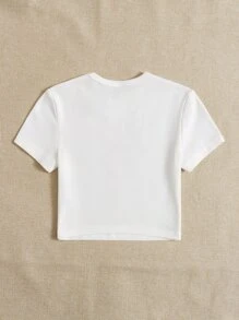 SHEIN EZwear Áo thun nữ Gân đan Hoạt hình Slogan Giải trí - trắng - Xem 2