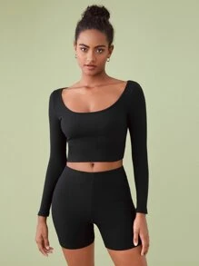 SHEIN BASICS Cotton Scoop Neck Crop Tee & Cycling Shorts - Black - View 1