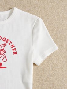 SHEIN EZwear Áo thun nữ Gân đan Hoạt hình Slogan Giải trí - trắng - Xem 3