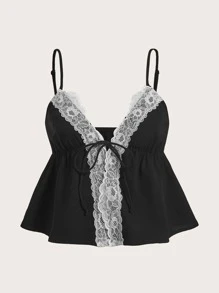 SHEIN MOD 蕾絲拼接前繫帶吊帶上衣 - 黑色 - 查看 1