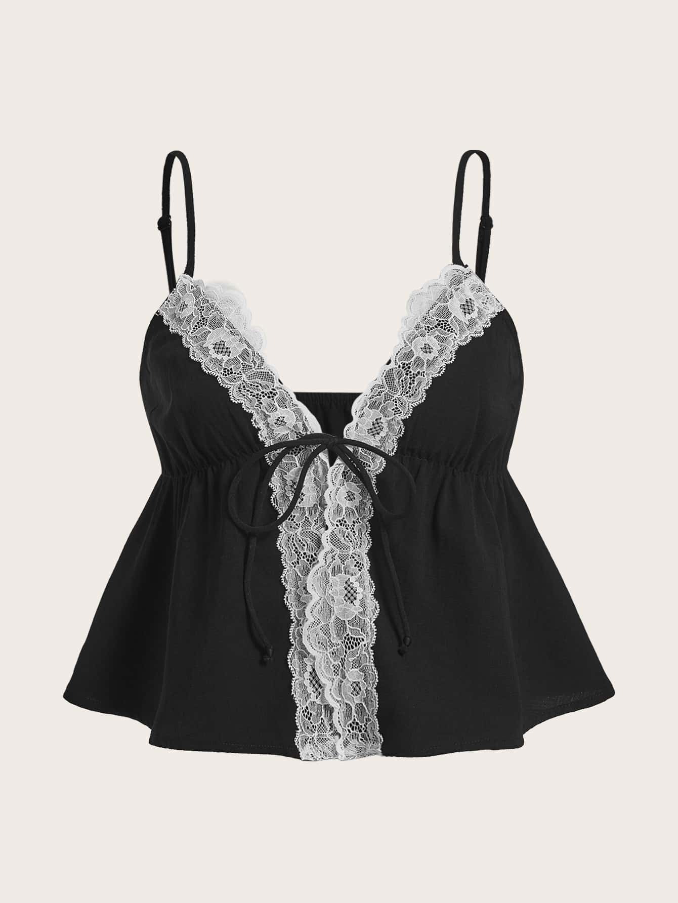 SHEIN MOD 蕾絲拼接前繫帶吊帶上衣 - 黑色 - 查看 1