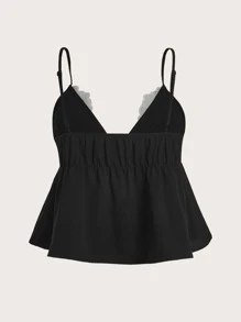 SHEIN MOD 蕾絲拼接前繫帶吊帶上衣 - 黑色 - 查看 2