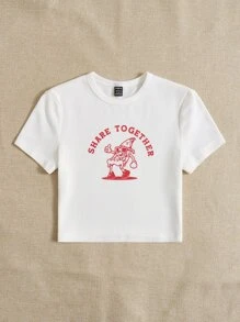 SHEIN EZwear Áo thun nữ Gân đan Hoạt hình Slogan Giải trí - trắng - Xem 4