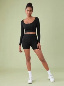 SHEIN BASICS Cotton Scoop Neck Crop Tee & Cycling Shorts - Black - View 3