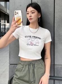 DAZY Cat & Slogan Graphic Crop Tee CUTE FRIEND LUCKY AND HAPPY Give And Receive