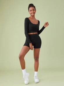 SHEIN BASICS Cotton Scoop Neck Crop Tee & Cycling Shorts - Black - View 4