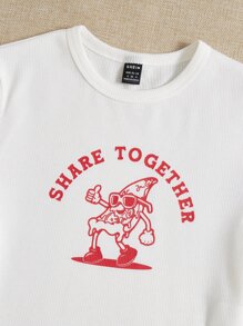 SHEIN EZwear Áo thun nữ Gân đan Hoạt hình Slogan Giải trí - trắng - Xem 5