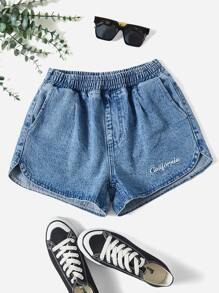 SHEIN EZwear 字母刺繡彈性腰帶牛仔短褲 - 中等水洗藍 - 查看 1