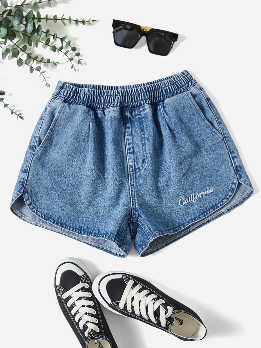 SHEIN EZwear 字母刺繡彈性腰帶牛仔短褲 - 中等水洗藍 - 查看 1