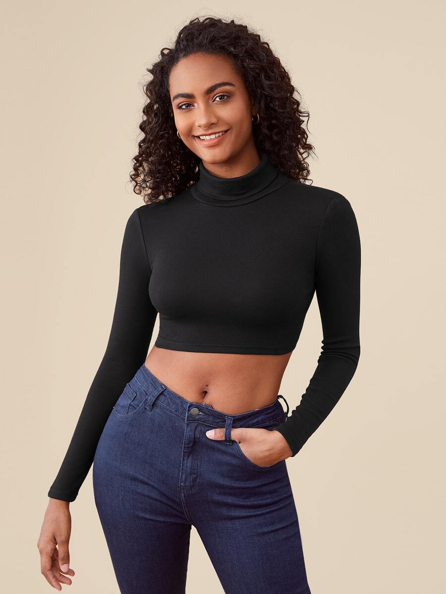 SHEIN BASICS Solid High Neck Crop Tee - Black - View 1