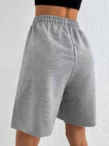 EURMUSE Letter Graphic Drawstring Waist Shorts - Light Grey - View 2