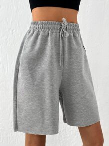 EURMUSE Letter Graphic Drawstring Waist Shorts - Light Grey - View 3