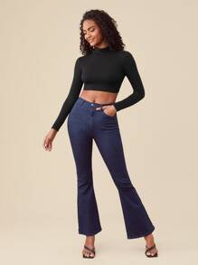 SHEIN BASICS Solid High Neck Crop Tee - Black - View 3