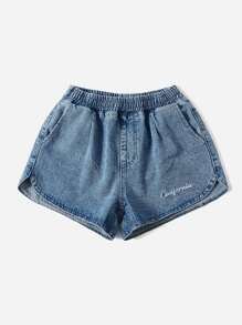 SHEIN EZwear 字母刺繡彈性腰帶牛仔短褲 - 中等水洗藍 - 查看 4