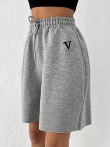 EURMUSE Letter Graphic Drawstring Waist Shorts - Light Grey - View 4