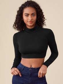 SHEIN BASICS Solid High Neck Crop Tee - Black - View 4