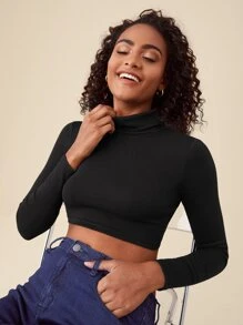 SHEIN BASICS Solid High Neck Crop Tee - Black - View 5