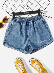 SHEIN EZwear 字母刺繡彈性腰帶牛仔短褲 - 中等水洗藍 - 查看 6