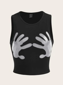 SHEIN ICON 手掌圖案背心上衣 - 黑色 - 查看 1