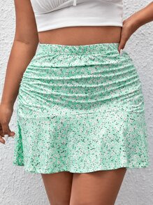 SHEIN Unity Váy Plus Size Xù Viên lá sen Họa tiết hoa Boho - Màu xanh chanh - Xem 3