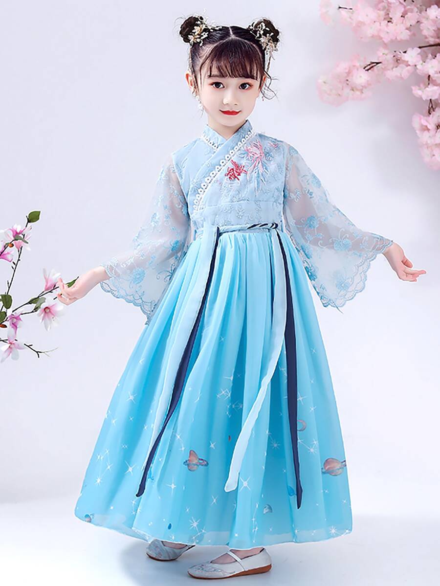 女童花卉刺繡網眼罩層荷葉邊袖中式漢服洋裝