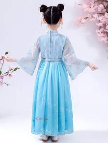 女童花卉刺繡網眼罩層荷葉邊袖中式漢服洋裝