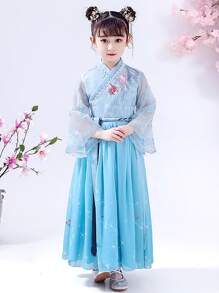 女童花卉刺繡網眼罩層荷葉邊袖中式漢服洋裝