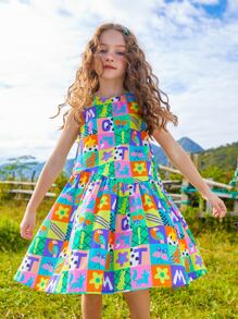 女孩撞色拼接圖案娃娃裙 - 彩色 - 查看 1