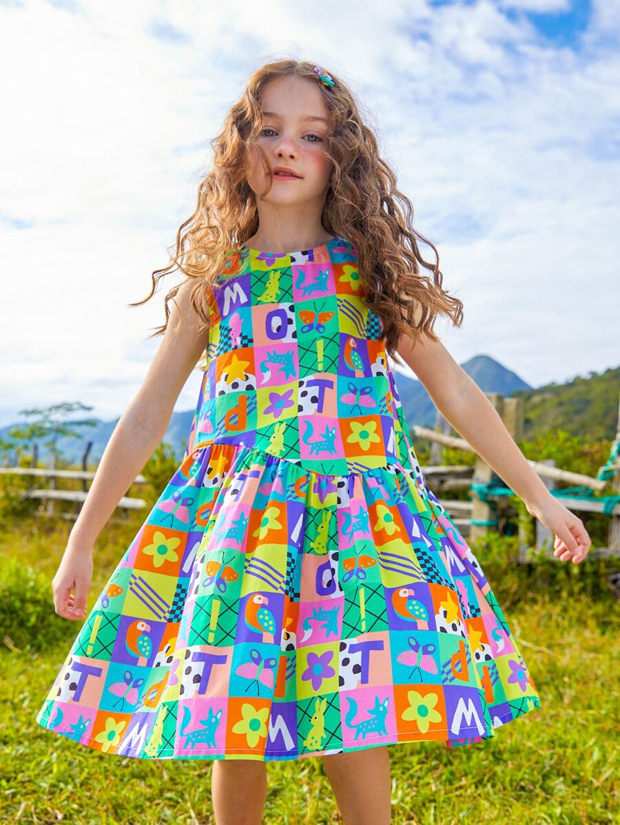 女孩撞色拼接圖案娃娃裙 - 彩色 - 查看 1