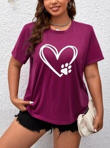 SHEIN Unity 大碼愛心圖案T恤 - 中紫紅色 - 查看 1