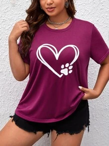 SHEIN Unity 大碼愛心圖案T恤 - 中紫紅色 - 查看 3