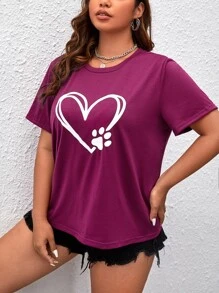 SHEIN Unity 大碼愛心圖案T恤 - 中紫紅色 - 查看 5