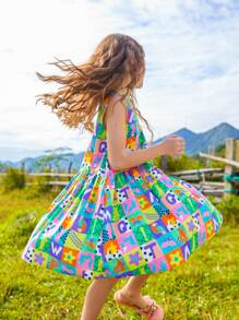 女孩撞色拼接圖案娃娃裙 - 彩色 - 查看 2
