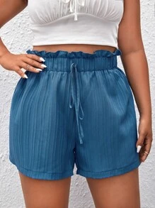 SHEIN VCAY Plus Tie Front Paperbag Waist Shorts - Blue - View 1
